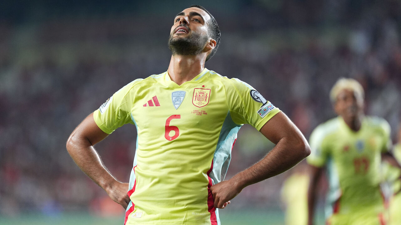 Mikel Merino celebrates after scoring a hat-trick for Spain against Turkey in the World Cup Qualifier