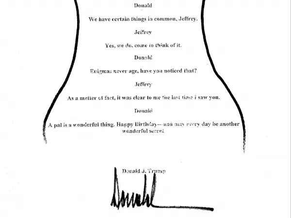 Trump Note to Epstein Released by Congress, Trump Denies Authorship