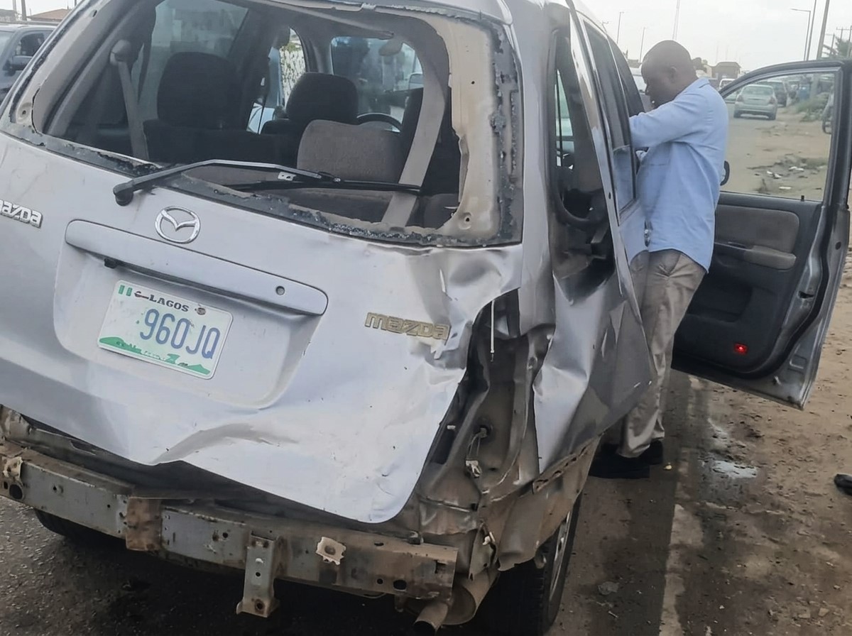 Traffic congestion and safety cones after five injured in Third Mainland Bridge crash in Lagos.